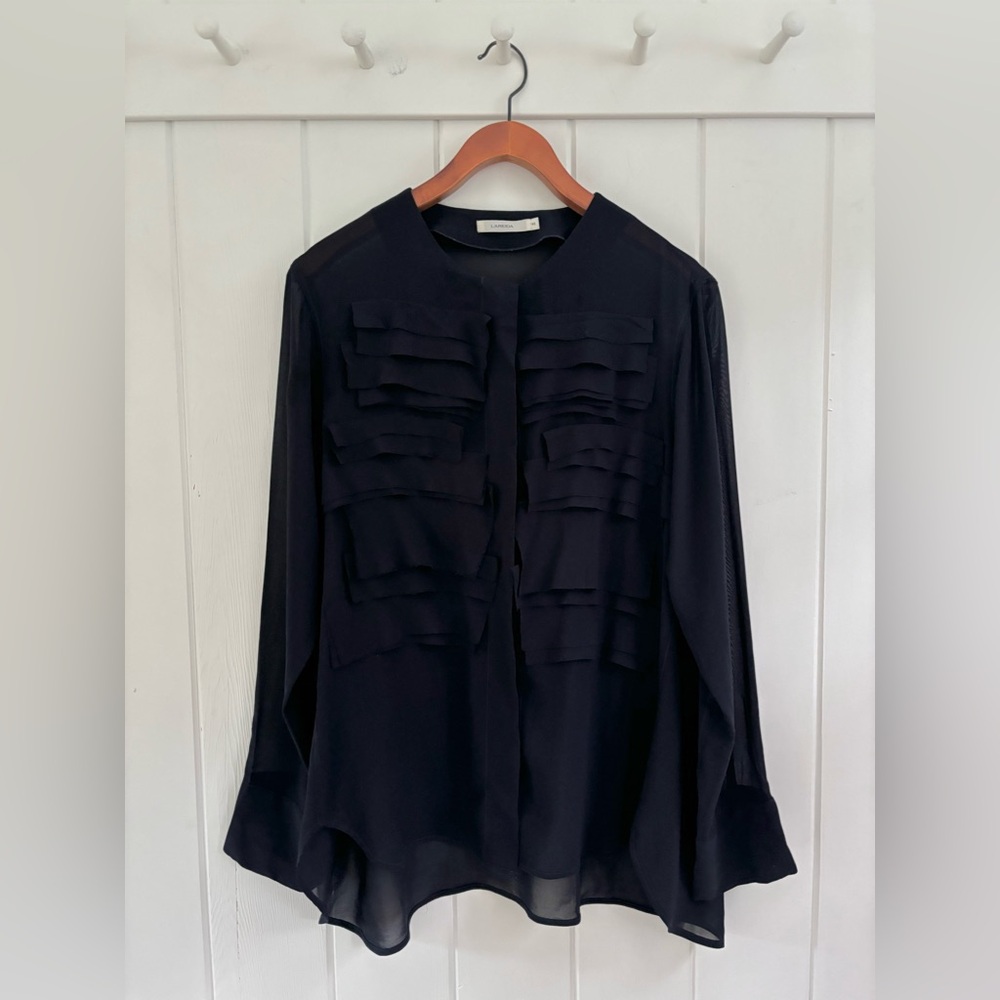 Lis Lareida Silk Flat Ruffle Sheer Blouse Navy Blue Minimalist Quiet Luxury M
